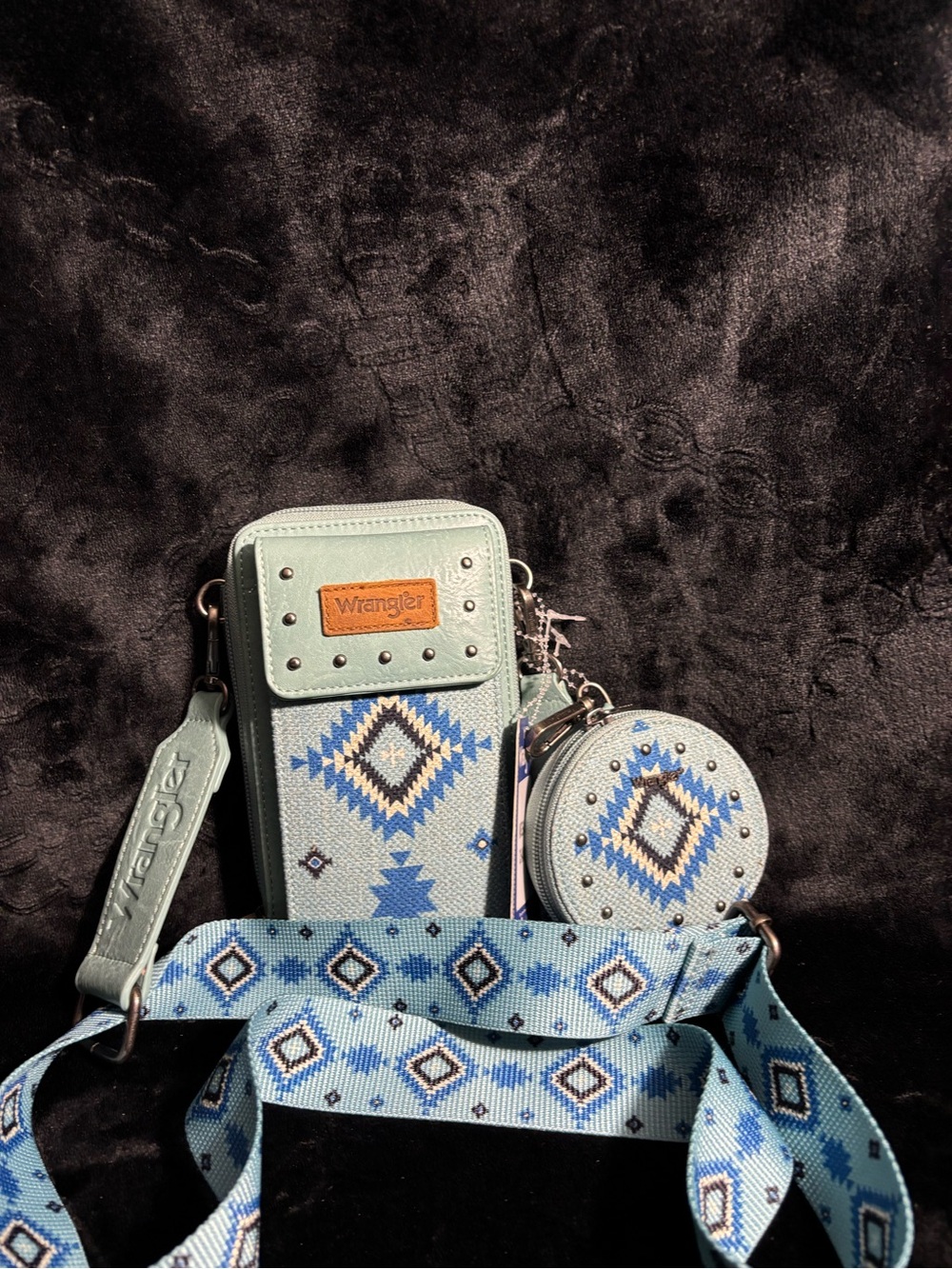 Wrangler Light Blue Aztec Crossbody Phone Bag with Coin Pouch